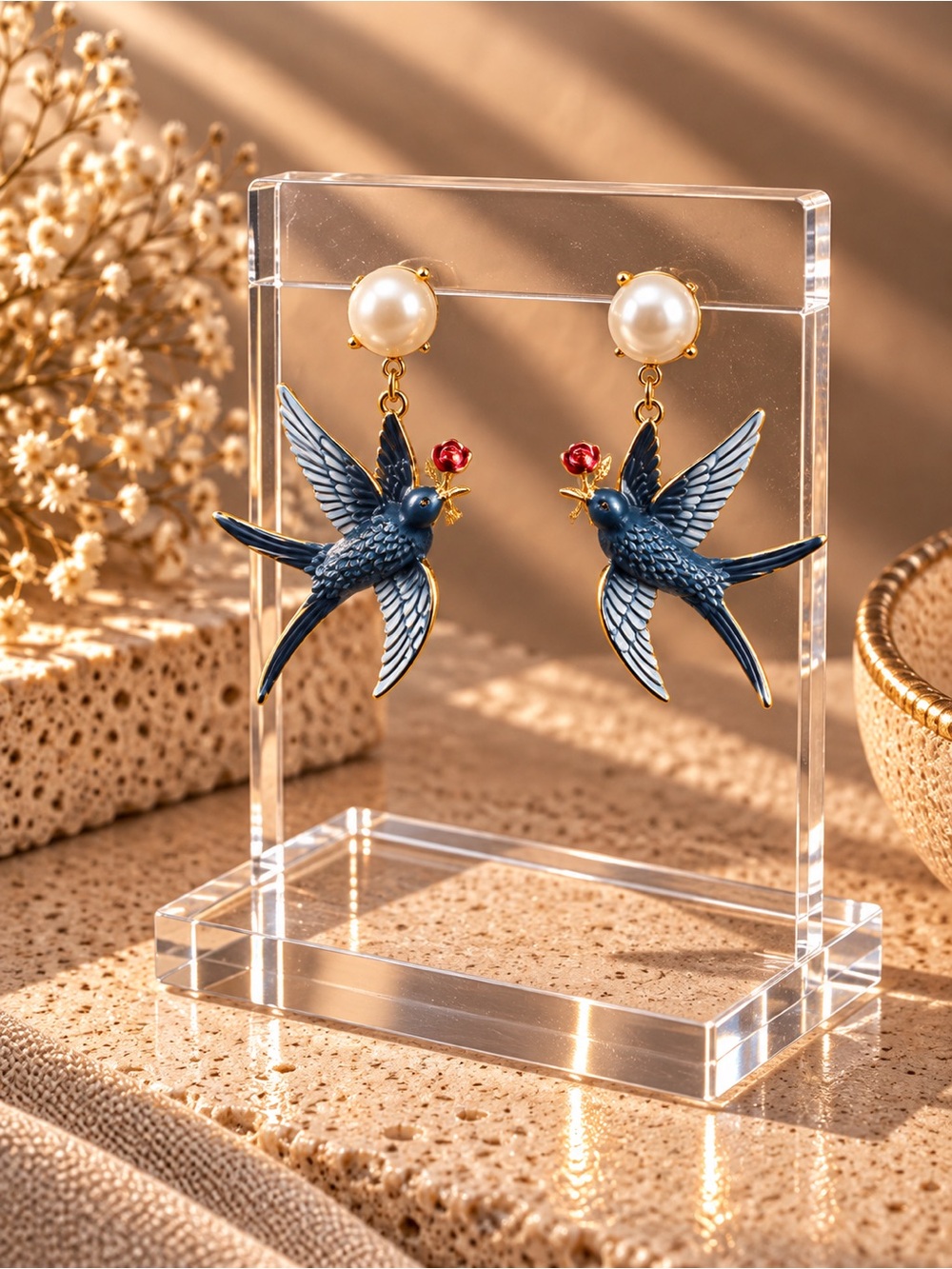 Pearl Top Black Swallow Drop Earrings